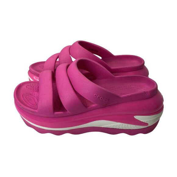 Crocs Pink Platform Slide Sandals Triple Straps Cushioned Sole Size 10 - Picture 2 of 8